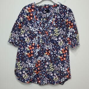 Talbots Floral Print Short Sleeve Blouse Size M Ruffle Trim Smocking